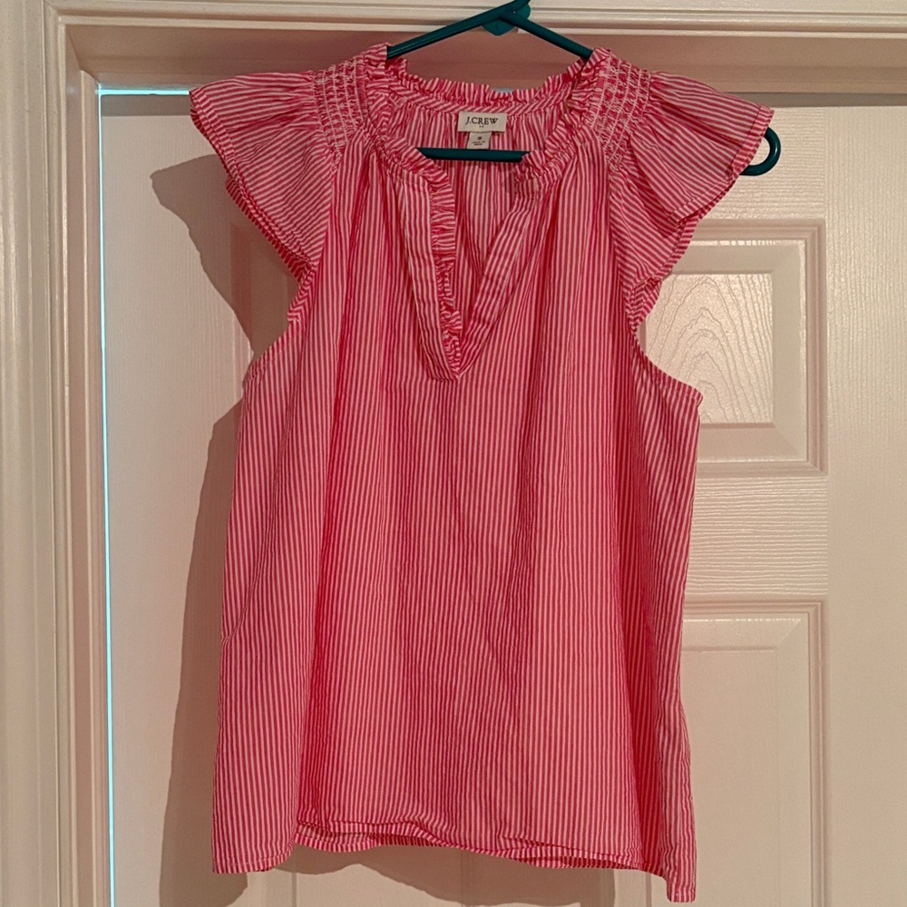 J. Crew Pink and White Striped Ruffle-Neck Sleeveless Top